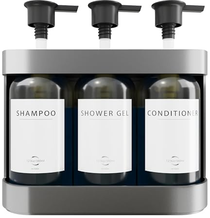 HCYWOC tvåldispenser väggmontering, tvåldispenser väggmontering utan borrning, schampo flaskor för fyllning med 16 vattentäta etiketter, 380 ml, 3 stycken, silver