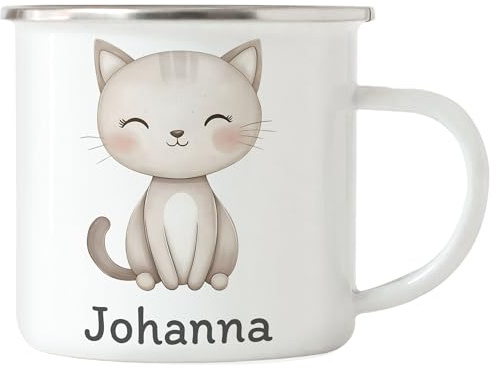 Kiddle-Design Kindertasse mit Namen Personalisiert, Personalisierte Tasse Kinder mit Katze, Namenstasse Katzetasse, Kinderbecher als Geschenk zur Geburt, Taufe Weihnachten - Tasse Emaille