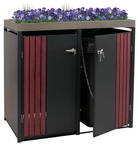 Mendler 2er-Mülltonnenverkleidung HWC-O67 - anthrazit Holzoptik dunkel | Mülltonnenbox, mit Pflanzkasten, Metall, 125x132x84cm, 55kg