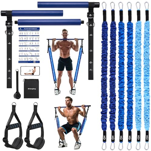 ALongSong Barra de Pilates para el Hogar con 6 Bandas de Resistencia de TPE de 20/40/60LBS, Correa de Tobillo 2 en 1, Guía de Ejercicios y Anclaje para Puerta para Entrenamiento de Cuerpo Completo