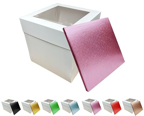 LARRYROO Tall White Cake Box Extra Deep with Clear Display Window & Vibrant, Colourful Square Cake Drum Board Combo (Light Pink, 12 Inch)
