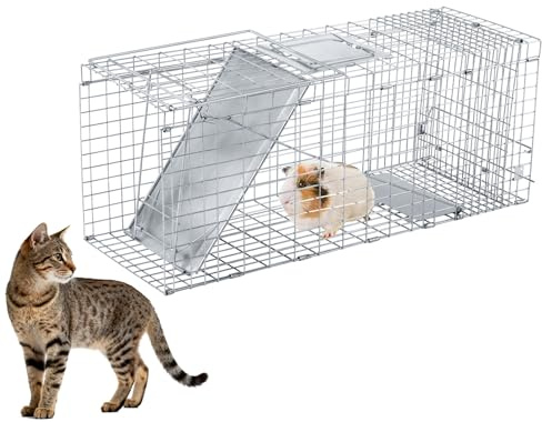 32 Live Animal Cage Trap with Handle, Heavy Duty Folding Cage, Catch Release Humane Rodent Cages for Rabbits Stray Cat Squirrel Raccoon Mole Gopher Chicken Opossum Skunk & Chipmunks (Silver)