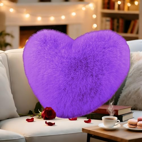 Herzkissen Kuschelkissen Flauschig, Herzform Kissen, Plüsch Kissen Herzform, Love Zierkissen Aesthetic, Herzkissen Geschenk für Wohnzimmer Sofa, Schlafzimmer Bett (Langflor - Lila, 30 x 40 cm)
