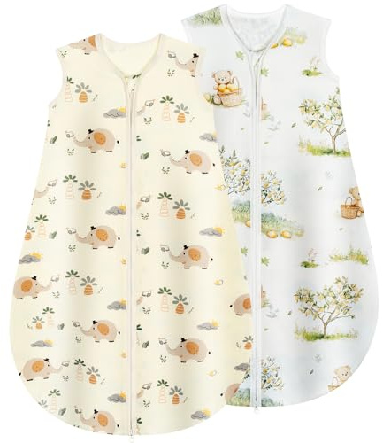 Yukkidds Schlafsack Baby Sommer 100% Baumwolle Sommerschlafsack 0.5 Tog 0-6 monate Neugeborene Schlummersack für kleine Jungen und Mädchen 2 Pack Beiger Elefant