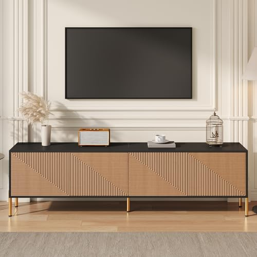 FammyLoft TV-Schrank bis 75 Zoll mit Goldene Metallbeine, Lowboard mit Farbblock-Design, Fernsehtisch mit 4 Stauraum, TV Stand, Fernsehschrank, TV-Board, TV-Kommode, 179cm, Natur+Schwarz