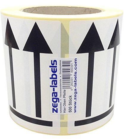 Warnetiketten auf Rolle - Hier oben Pfeile Abbildung zur Packstückorientierung Oben - 500 Stück je Rolle - 70 x 100 mm - Versandaufkleber stark haftend aus Papier selbstklebend