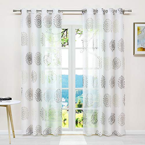 ESLIR Gardinen mit Ösen Vorhänge Fensterschal Transparent Ösenschal mit Kreis Muster Voile Braun BxH 140x145cm 1 Stück