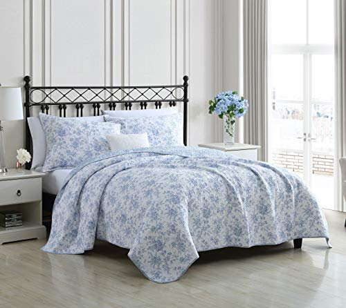 Laura Ashley Ropa de Cama Reversible de algodón Floral con Fundas a Juego, decoración del hogar para Todas Las Estaciones, 100% Azul jardín con Paredes, matrimonial/Queen