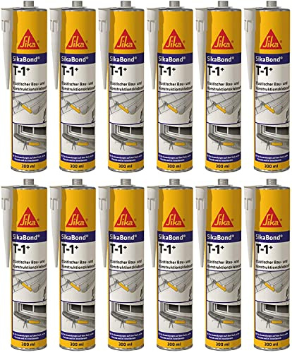 12x SikaBond T1+ Bau- und Konstruktionskleber Polyurethan Montagekleber PU Kleber 300ml Kartusche (Betongrau)