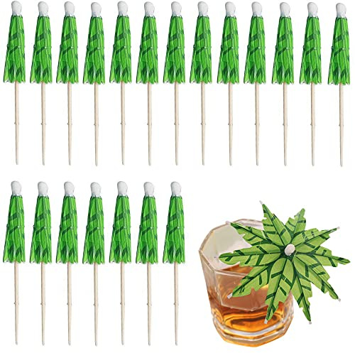 20 palillos de dientes de palmera de coco tropical verde, paraguas, decoraciones de palillos de cóctel, adornos para cócteles, fiestas, barras de bebidas, suministros de alimentos