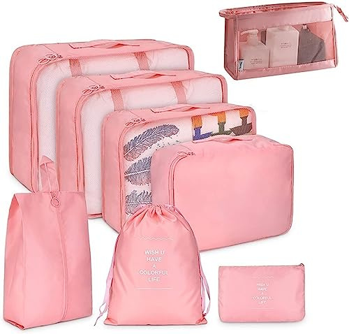 Reiseverpackungswürfel, 8-teiliges Set Reisewürfel, faltbare Gepäckaufbewahrungstasche, leichte Gepäckaufbewahrungstasche (Pink)