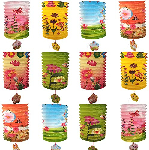 12Pack Chinese Japanese Hanging Paper Lanterns, Colorful Asian Chinese Flower Lanterns Lamp Shades, Festival Decoration for Chinese Lunar New Year, Celebration, Oriental Party