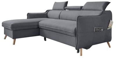 MIUFORM Ecksofa mit Bettfunktion und Bettkasten Kopfstütze | Sweet Harmony Ecksofa Wohnschlandschaft Schlafcouch (Dunkelgrau, Links ausgerichtet)