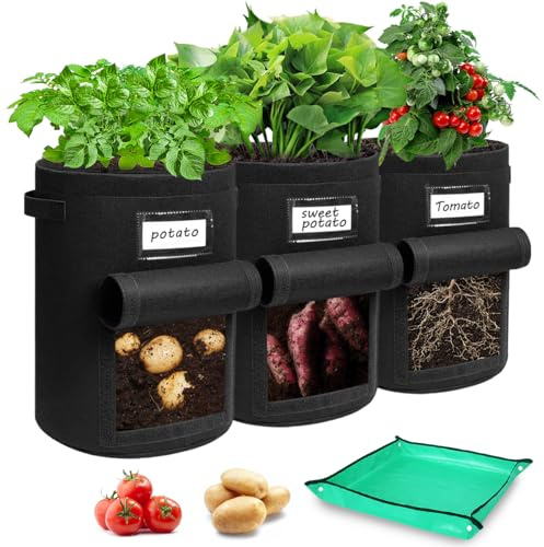 Airminti 3er Set Kartoffel Pflanzsack 27L (7 Gallonen) - Premium Vliesstoff Kartoffelsack mit Erntefenster, Pflanzmatte & Verstärkten Griffen - Pflanztasche für Kartoffeln, Tomaten & Gemüse (Schwarz)
