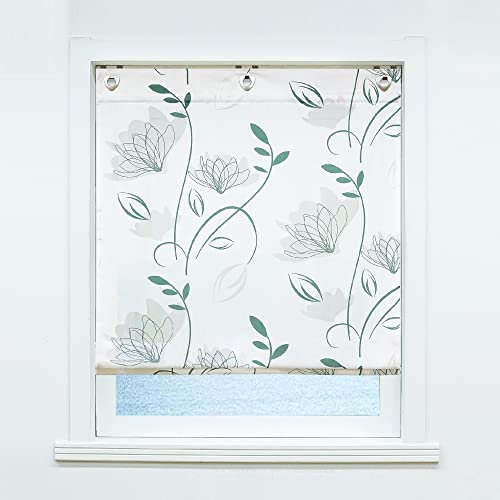 ESLIR Raffrollo ohne Bohren Leinen Küche Gardinen Landhaus Raffgardine mit Ösen Gardinen mit U-Haken Ösenrollo Ausbrenner Vorhänge Wohnzimmer Lotosblume Muster BxH 100x140cm 1 Stück