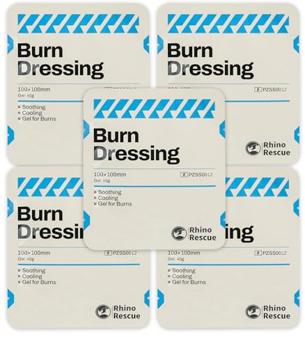 RHINO RESCUE Brennender Wundverband 10 x 10 cm, 40g, Speziell für die Behandlung von Verbrennungen, Verbrühungen und Sonnenbränden entwickelt (5 PCS)
