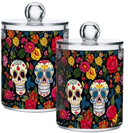 Lot de 2 pots d'apothicaire en plastique transparent avec fleurs colorées et crânes en sucre pour boules de coton, cotons-tiges, fil dentaire, éponges de maquillage, pince à cheveux 283,5 g