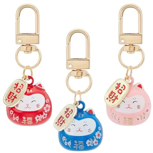 WEBEEDY Llavero de gato de la suerte de 3 colores, adorno de campana lindo Maneki Neko gato japonés Omamori chino Feng Shui Fortuna Beckoning gato bolso mochila coche encanto para riqueza felicidad