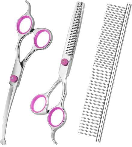 3-Piece Pet Grooming Scissors Set for Dogs and Cats - Stainless Steel Straight & Curved Scissors with Grooming Comb