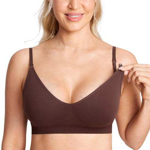 MOMANDA Sleep Nursing Bras for Breastfeeding Seamless Wirefree Maternity Bra V Neck Comfortable Bralette Hazelnut Large