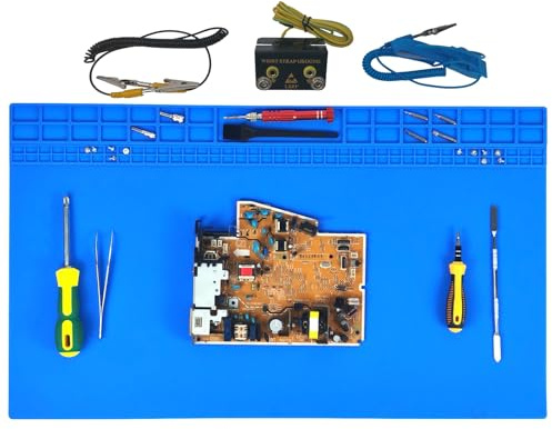 60cm x 35cm Tapis de soudure Résistant à 932°F (500°C) Grand Tapis de réparation avec Bracelet et Accessoires de Mise à la Terre pour Électronique, Téléphone, Ordinateur Portable (Bleu)