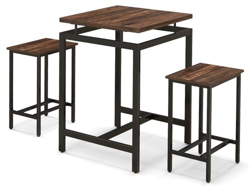 GiantexUK 3PCS Bar Table Set, Wooden Dining Table and 2 Stools Set with Floating Countertop & Footrests, Metal Frame Kitchen Breakfast Table Furniture for Home Dining Room Pub