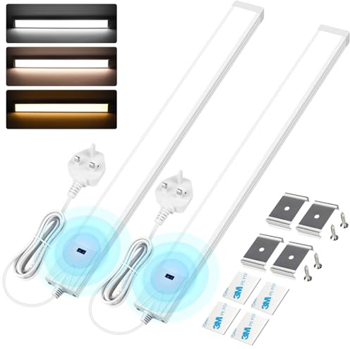 LEDLightsWorld Under Cabinet Lights Hand Wave Activated, 41CM 3 Color Dimmable Brightness Adjustable, UK Plug in LED Cupboard Lighting for Kitchen, Counter, Cabinet, Workbench, 2 Pack