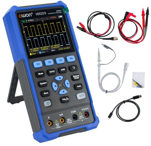 OWON Handoszilloskop, digitales Multifunktions-Oszilloskop-Multimeter, 20000 Zählwerte, tragbares 3-in-1-Universal-Testgerät, mit 3,5-Zoll-LCD-Bildschirmanzeige, 2 Kanäle, 25 MHz Bandbreite, HDS25S