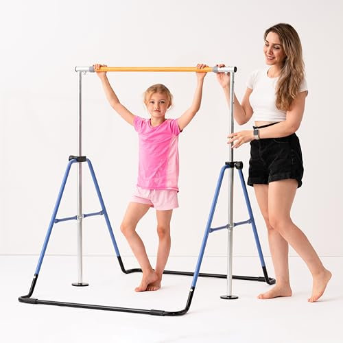 Saleste Barra de gimnasia plegable para niños de 3 a 15 años, altura ajustable para niños de 90 a 150 cm, acabado similar a la madera, barra de gimnasio, equipo de gimnasia, fibra de vidrio y acero