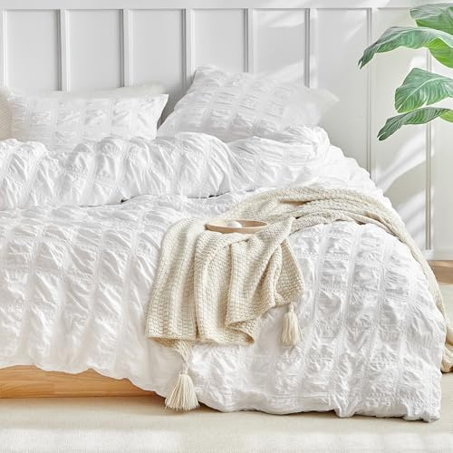WARMDERN Seersucker Duvet Cover Set King Size, Grid Pattern Textured White Duvet Cover, 3pcs Soft Breathable Microfiber Bedding Duvet Cover Set with Zipper Closure & Corner Ties(White, King, 104x90)
