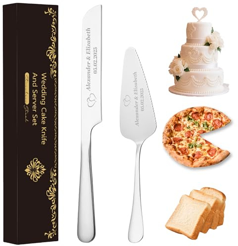 GMDLSK Juego de Cuchillo y Servidor para Tarta de Boda Personalizado - Acero Inoxidable con Grabado Elegante, Regalo para Novios, Bodas de Oro, XV Años y Aniversarios
