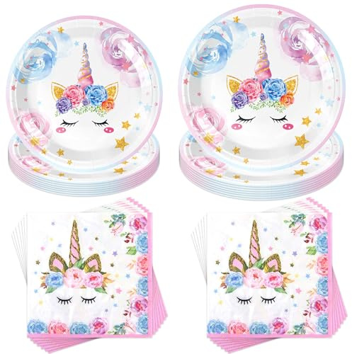 Jiahuade Einhorn Geschirr Set, 40 Stück Einhorn Pappteller, Kindergeburtstag, Party Set, Party Deko, Mit Servietten, Pappteller, Geburtstage, Kindergeburtstag Zubehör