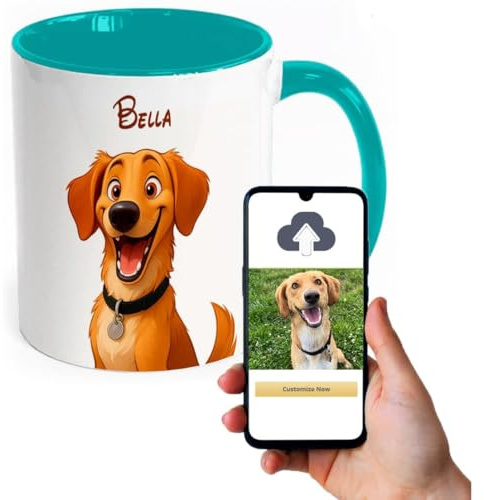 Personalised Mug with Cartoon Character Pet Portrait of Your Dog Handmade from Photo, Unique Custom Personalised Gifts for Dog Lovers