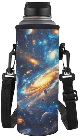 HUGS IDEA Galaxy Planets Water Bottle Carrier for Boys Adjustable Shockproof Waterbottle Holder with Shoulder Strap Machine Washable Travel Accessory for School Boys