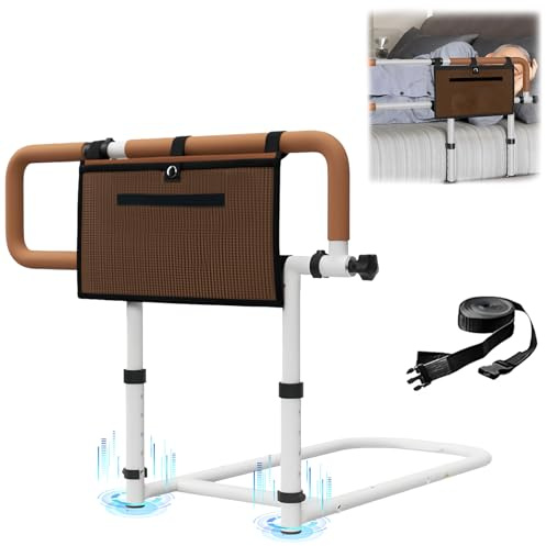KoolShiro Bed Guard Bed Rails for Elderly Adults, 180° Foldable Bed Assist Rail for Seniors, Bed Grab Rail Height Width Adjustable, Bed Handles Bar with Storage Bag, Light Withstand 400LB(Brown)