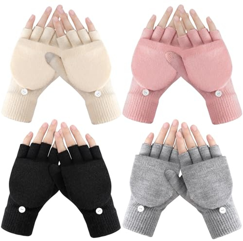 Winter Fingerless Gloves for Women, Warm Half Finger Knit Winter Gloves Women, Typing Womens Glove Mittens with Flap Cover, 4 Pairs Convertible Womens Fingerless Gloves, Black,Grey,Beige,Pink