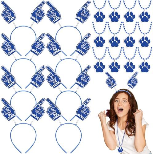 Zeyune 24 Pcs Paw Print School Spirit Week Supplies Foam Finger Headband and Paw Print Necklace Set for Cheerleading(Blue)
