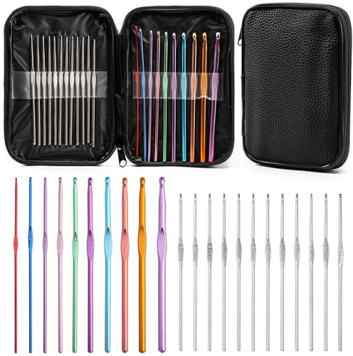 Set Di 22 Uncinetto Set, Uncinetti in Alluminio Colorati Con Organizer Nero, Set Uncinetto Contenente 22 Taglie Da 0.6mm A 6.5mm, Uncinetti per Principianti o Professionisti (Colore 1)