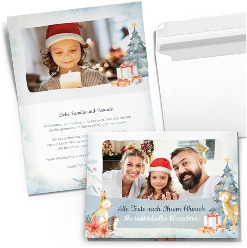 Weihnachtskarten mit Umschlag 50 Stück | PERSONALISIERT mit Text & Foto | Weihnachtskarte selbst gestalten | Premium Grußkarten Set Weihnachten | Vintage Modern – Motiv: Geschenke
