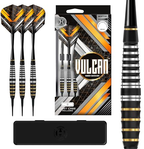 Harrows Vulcan Messing Softtip Darts Set – 18g & 20g – Rubber Grip Barrels mit Speedline Shafts, Vulcan Flights & Dartcase – Robuste Softtip Darts für Anfänger & elektronische Dartboards - 18g