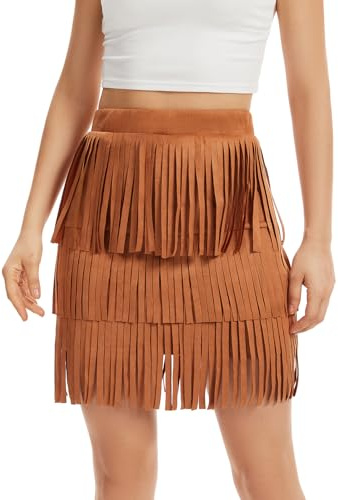 Western Cowgirl Fringe Skirt,High Waisted Mini Suede Skirts,Country Concert Rave Festival Booty Tassel Bottoms Brown