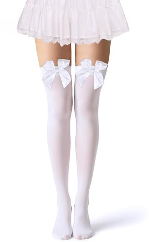 OuryTech Overknees Strümpfe Damen, Women's Satin Bow Thigh High Stockings, Over The Knee Socks mit Schleifen, Elegante Knee High White Stockings