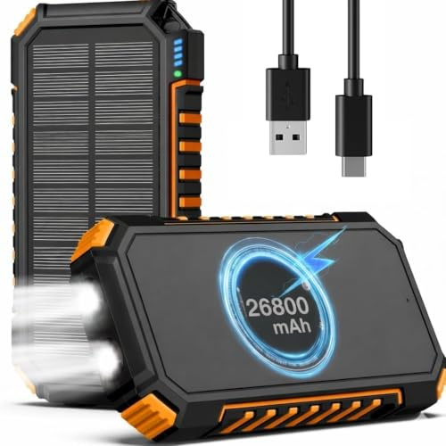 Velora Batteria esterna solare 26800 mAh, Power Bank impermeabile con doppia porta USB e potente lampada LED – caricatore portatile per smartphone, tablet, campeggio ed escursionismo