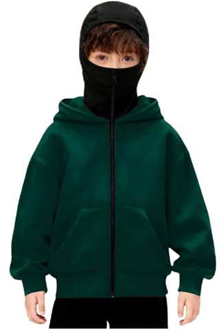 Veste Cagoule Enfant Garçons Filles Pull Cagoule avec Masque Balaclava Zip Hoodie Sweat à Capuche Anti-Vent Décontracté Blouson Automne et Hiver Chaud pour Sports de Plein Air Vélo Manteau