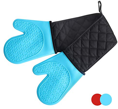 Alimat PluS Double Oven Gloves Mitts - Heat Resistant Silicone Oven Gloves Non-Slip with Cotton Lining for Kitchen, Baking, Cooking, Microwave (Blue)