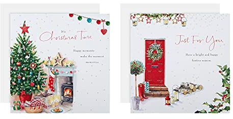 Hallmark Multipack julkort, välgörenhetskort, paket med 16 i 2 klassiska Lucy Cromwell designer, röd dörr, julgran