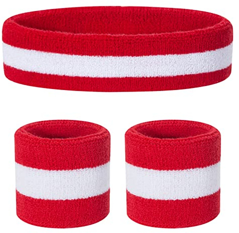 ONUPGO Juego de bandas para el sudor para niños, banda deportiva de algodón para deportes (1 diadema + 2 pulseras) (rojo/blanco/rojo)