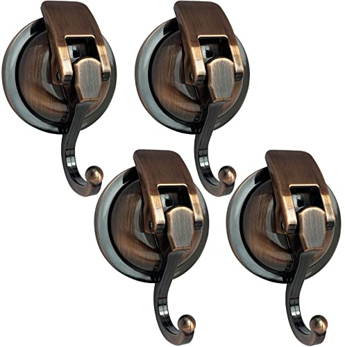 YSSILADI Heavy Duty Vacuum Suction Shower Hooks - Glass Suction Cup Hooks, Bathroom Robe Hooks - Reusable, No Hole Punched - Antique Brass, 4 Pack
