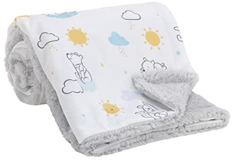 Disney Winnie The Pooh White, Yellow, and Aqua Sunshine and Clouds Super Soft Velboa with Sherpa Back Baby Blanket