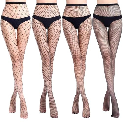 WOOKIT 4 Paar Schwarze Sexy Hohe Strümpfe Strumpfhosen Netzstrumpfhosen Netzstrümpfe Taille Fischernetz Strumpfhosen für Damen-Gemischtes Netz